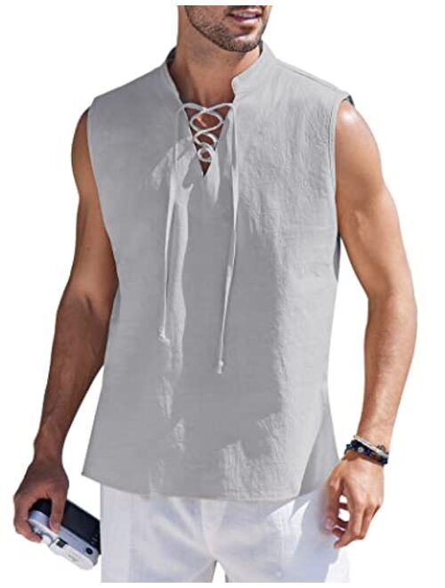 COOFANDY Men Tank Top Cotton Linen Beach Sleeveless Shirt Lace Up Bohemian Hippie Renaissance Pirate Kilt Medieval Tunic