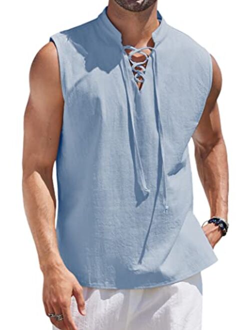 COOFANDY Men Tank Top Cotton Linen Beach Sleeveless Shirt Lace Up Bohemian Hippie Renaissance Pirate Kilt Medieval Tunic