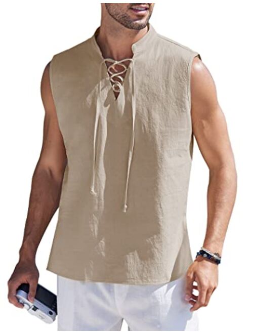 COOFANDY Men Tank Top Cotton Linen Beach Sleeveless Shirt Lace Up Bohemian Hippie Renaissance Pirate Kilt Medieval Tunic