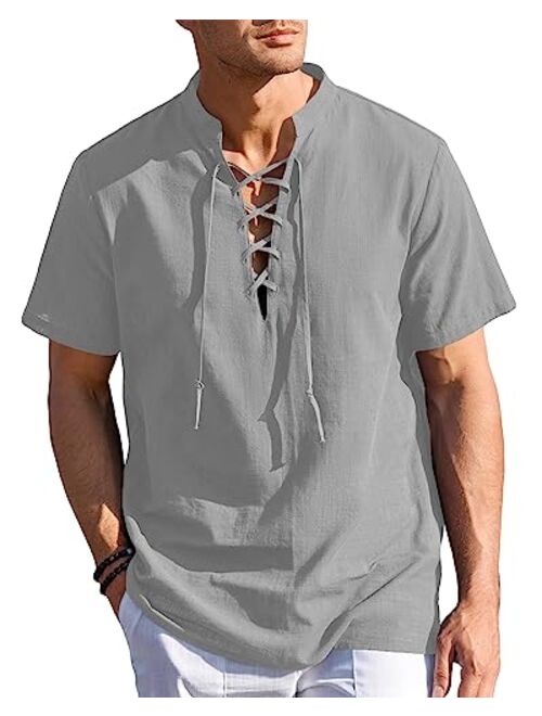 Beotyshow Mens Cotton Linen Shirts Lace Up Short/Long Sleeve Henley Pirate Shirt Casual V Neck for Beach Renaissance Viking Hippie