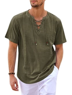 Pengfei Mens Cotton Linen Shirts Lace Up V Neck Casual Beach Hippie Tee Drawstring Shirts