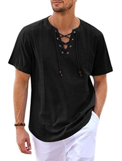 Pengfei Mens Cotton Linen Shirts Lace Up V Neck Casual Beach Hippie Tee Drawstring Shirts