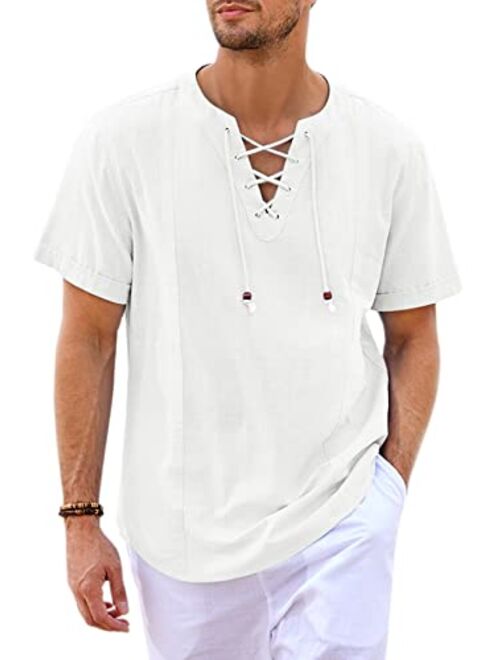 Pengfei Mens Cotton Linen Shirts Lace Up V Neck Casual Beach Hippie Tee Drawstring Shirts