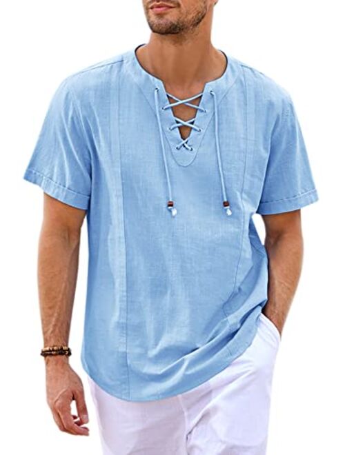 Pengfei Mens Cotton Linen Shirts Lace Up V Neck Casual Beach Hippie Tee Drawstring Shirts