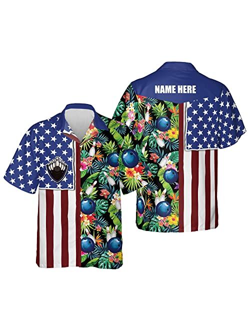 LASFOUR Custom Hawaiian Bowling Shirts with Names, USA Texas Bowling Flag Shirt Tropical Button-Down Short Sleeve Hawaiian