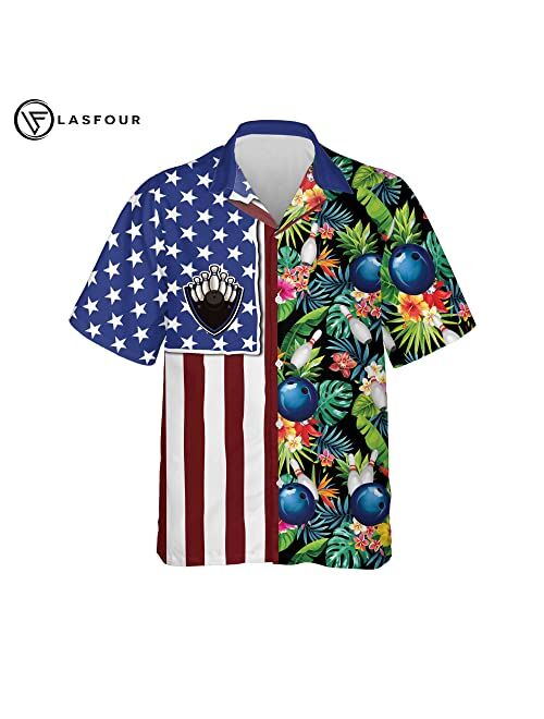 LASFOUR Custom Hawaiian Bowling Shirts with Names, USA Texas Bowling Flag Shirt Tropical Button-Down Short Sleeve Hawaiian