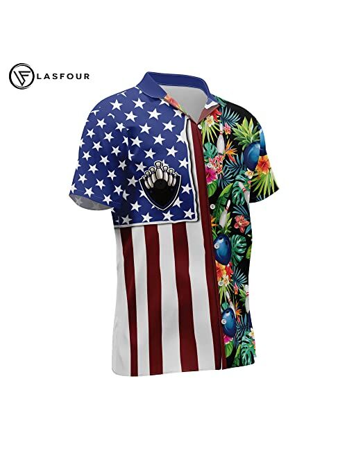 LASFOUR Custom Hawaiian Bowling Shirts with Names, USA Texas Bowling Flag Shirt Tropical Button-Down Short Sleeve Hawaiian