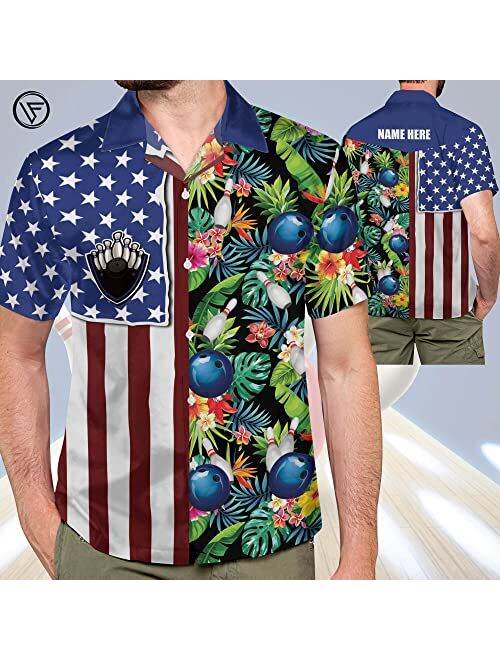 LASFOUR Custom Hawaiian Bowling Shirts with Names, USA Texas Bowling Flag Shirt Tropical Button-Down Short Sleeve Hawaiian