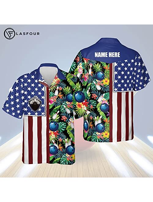 LASFOUR Custom Hawaiian Bowling Shirts with Names, USA Texas Bowling Flag Shirt Tropical Button-Down Short Sleeve Hawaiian