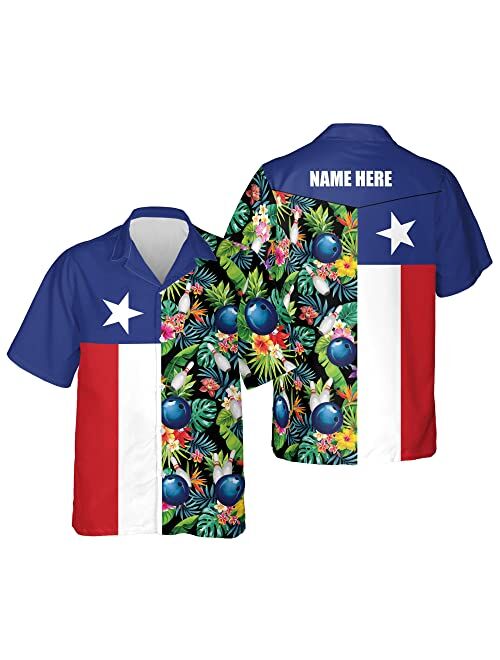 LASFOUR Custom Hawaiian Bowling Shirts with Names, USA Texas Bowling Flag Shirt Tropical Button-Down Short Sleeve Hawaiian