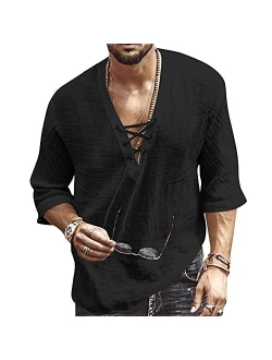 Rela Bota Men's Fashion Shirt Short Sleeve Beach V-Neck Drawstring Printing Yoga African Summer Top