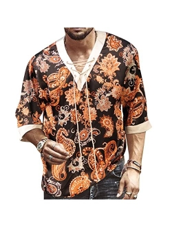 Rela Bota Men's Fashion Shirt Short Sleeve Beach V-Neck Drawstring Printing Yoga African Summer Top