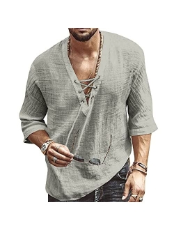 Rela Bota Men's Fashion Shirt Short Sleeve Beach V-Neck Drawstring Printing Yoga African Summer Top