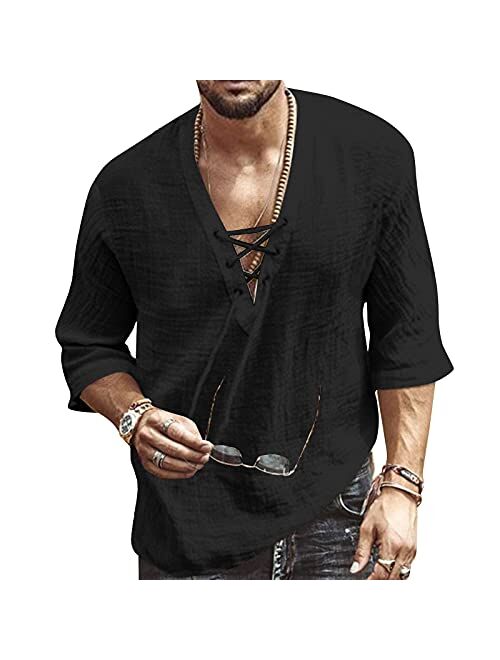 Rela Bota Men's Fashion Shirt Short Sleeve Beach V-Neck Drawstring Printing Yoga African Summer Top