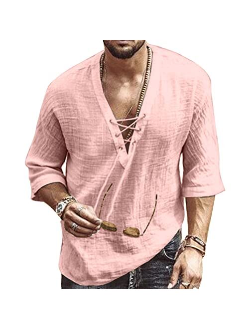 Rela Bota Men's Fashion Shirt Short Sleeve Beach V-Neck Drawstring Printing Yoga African Summer Top