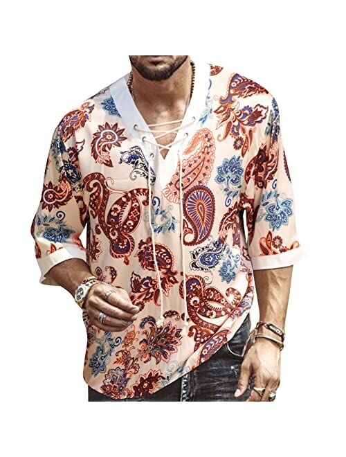 Rela Bota Men's Fashion Shirt Short Sleeve Beach V-Neck Drawstring Printing Yoga African Summer Top