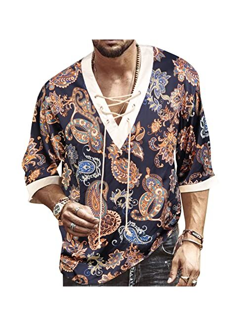 Rela Bota Men's Fashion Shirt Short Sleeve Beach V-Neck Drawstring Printing Yoga African Summer Top