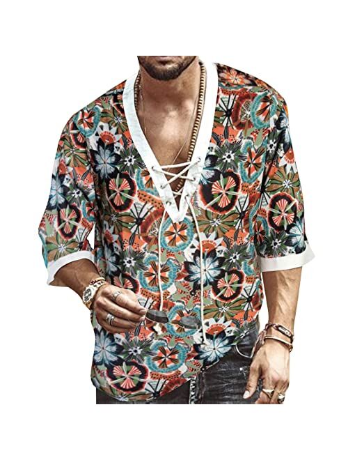 Rela Bota Men's Fashion Shirt Short Sleeve Beach V-Neck Drawstring Printing Yoga African Summer Top