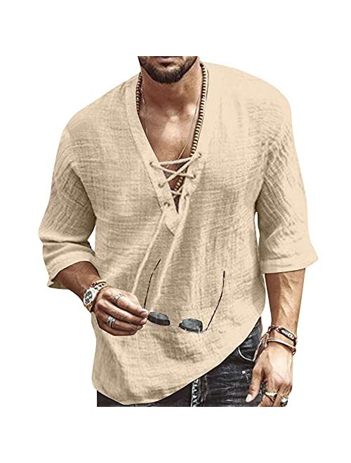 Rela Bota Men's Fashion Shirt Short Sleeve Beach V-Neck Drawstring Printing Yoga African Summer Top