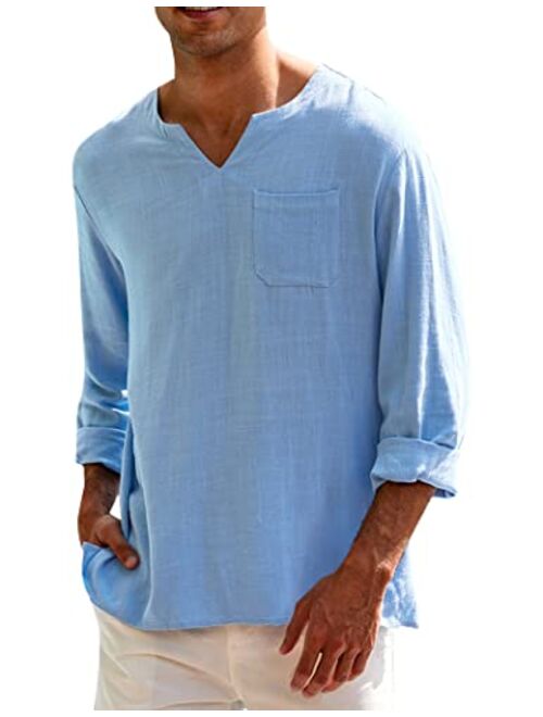 COOFANDY Mens Linen Henley Shirt Casual Long Sleeve Wedding Yoga Shirts Loose Fit Hippie Beach T Shirts with Pocket