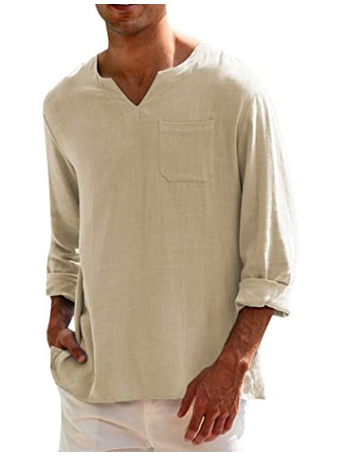 COOFANDY Mens Linen Henley Shirt Casual Long Sleeve Wedding Yoga Shirts Loose Fit Hippie Beach T Shirts with Pocket