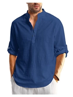 Hakjay Cotton Linen Shirts for Men Casual Shirts Lightweight Long Sleeve Henley Beach Shirts Hawaiian T Shirts for Men