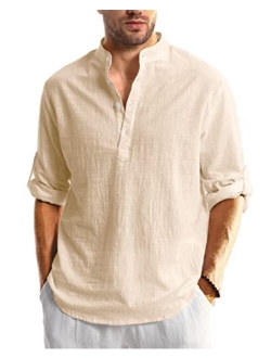 Hakjay Cotton Linen Shirts for Men Casual Shirts Lightweight Long Sleeve Henley Beach Shirts Hawaiian T Shirts for Men