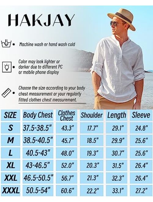 Hakjay Cotton Linen Shirts for Men Casual Shirts Lightweight Long Sleeve Henley Beach Shirts Hawaiian T Shirts for Men