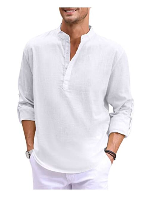 Boisouey Men's Cotton Linen Henley Shirt Long Sleeve Hippie Casual Beach T Shirts