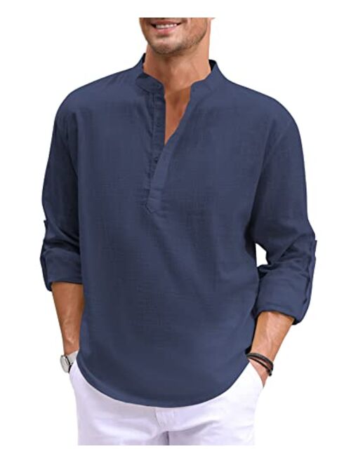 Boisouey Men's Cotton Linen Henley Shirt Long Sleeve Hippie Casual Beach T Shirts