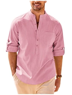 Men's Cotton Henley Shirt Long Sleeve Slim Fit Linen Casual Summer Beach Hippie T Shirt