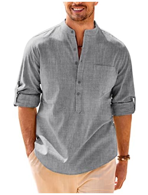 COOFANDY Men's Cotton Henley Shirt Long Sleeve Slim Fit Linen Casual Summer Beach Hippie T Shirt