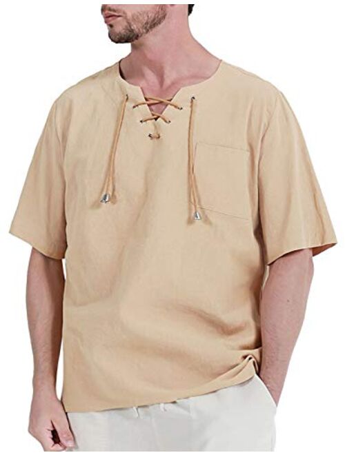 Fashonal Men's Cotton Linen Hippie Shirts Casual Lace Up Tunic V-Neck Yoga Beach Top