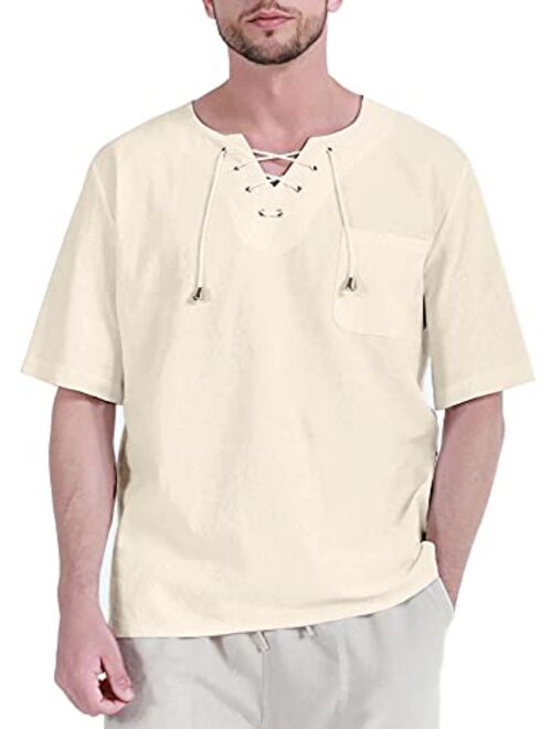 Fashonal Men's Cotton Linen Hippie Shirts Casual Lace Up Tunic V-Neck Yoga Beach Top