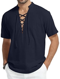 KUYIGO Mens Cotton Linen Shirts Short Sleeve Henley Shirt Lace Up V Neck Viking Hippie Beach Summer TeeTops