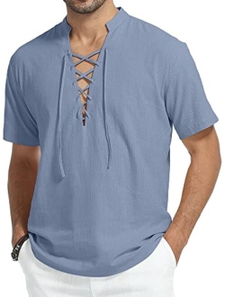 KUYIGO Mens Cotton Linen Shirts Short Sleeve Henley Shirt Lace Up V Neck Viking Hippie Beach Summer TeeTops