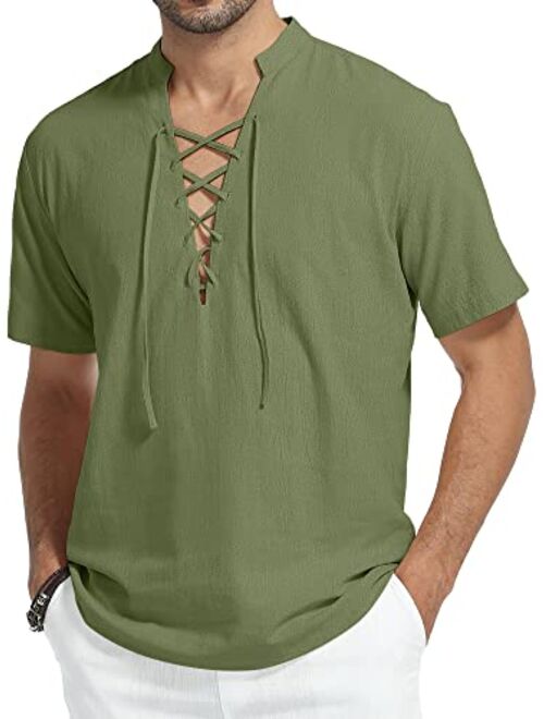 KUYIGO Mens Cotton Linen Shirts Short Sleeve Henley Shirt Lace Up V Neck Viking Hippie Beach Summer TeeTops