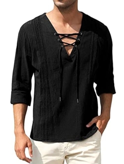 TURETRENDY Men's Cotton Linen Henley Shirt Lace Up Long Sleeve V Neck Casual Beach Hippie Shirts