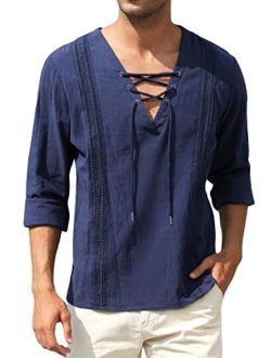 TURETRENDY Men's Cotton Linen Henley Shirt Lace Up Long Sleeve V Neck Casual Beach Hippie Shirts