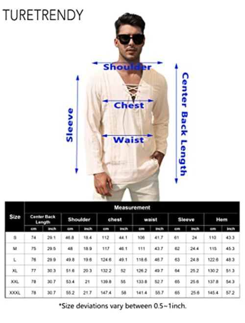 TURETRENDY Men's Cotton Linen Henley Shirt Lace Up Long Sleeve V Neck Casual Beach Hippie Shirts