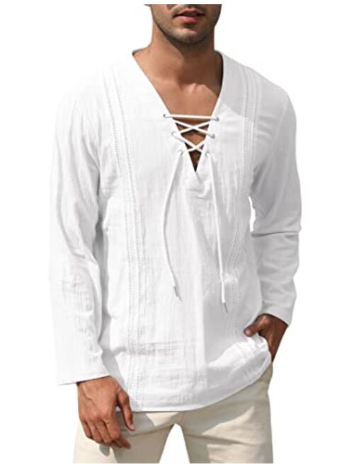 TURETRENDY Men's Cotton Linen Henley Shirt Lace Up Long Sleeve V Neck Casual Beach Hippie Shirts