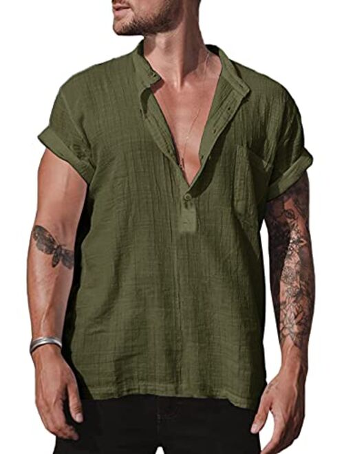 Karlywindow Men's Cotton Linen Henley Shirt Short Sleeve Hippie Casual Comfort Beach Yoga T Shirts