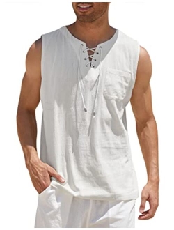 Men's Cotton Linen Tank Top Shirts Casual Sleeveless Lace Up Beach Hippie Tops Bohemian Renaissance Pirate Tunic