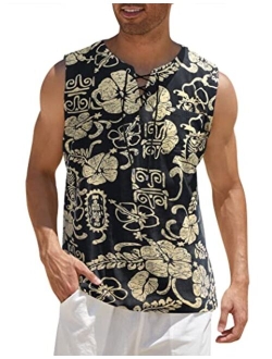 Men's Cotton Linen Tank Top Shirts Casual Sleeveless Lace Up Beach Hippie Tops Bohemian Renaissance Pirate Tunic