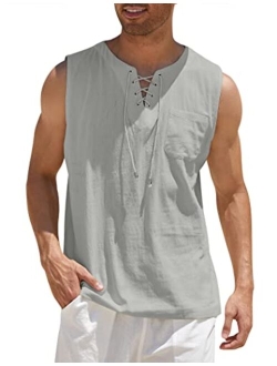 Men's Cotton Linen Tank Top Shirts Casual Sleeveless Lace Up Beach Hippie Tops Bohemian Renaissance Pirate Tunic