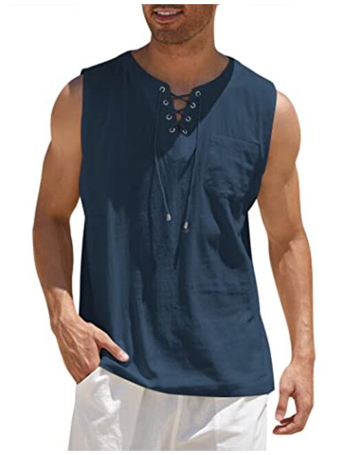 COOFANDY Men's Cotton Linen Tank Top Shirts Casual Sleeveless Lace Up Beach Hippie Tops Bohemian Renaissance Pirate Tunic