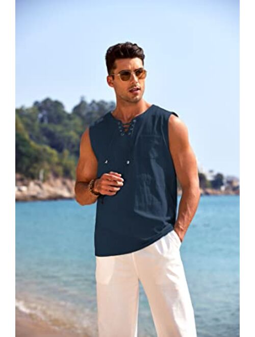 COOFANDY Men's Cotton Linen Tank Top Shirts Casual Sleeveless Lace Up Beach Hippie Tops Bohemian Renaissance Pirate Tunic