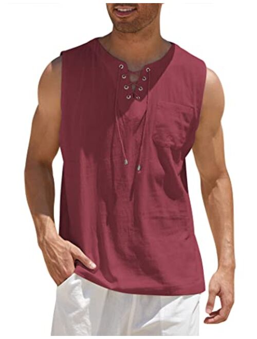 COOFANDY Men's Cotton Linen Tank Top Shirts Casual Sleeveless Lace Up Beach Hippie Tops Bohemian Renaissance Pirate Tunic