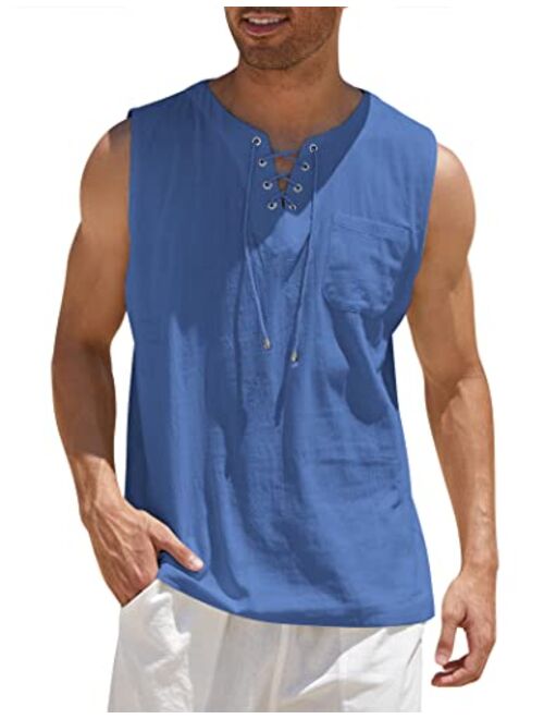 COOFANDY Men's Cotton Linen Tank Top Shirts Casual Sleeveless Lace Up Beach Hippie Tops Bohemian Renaissance Pirate Tunic