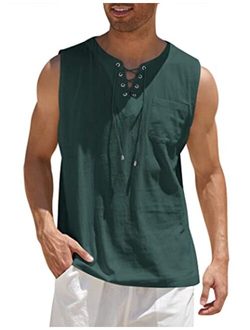 COOFANDY Men's Cotton Linen Tank Top Shirts Casual Sleeveless Lace Up Beach Hippie Tops Bohemian Renaissance Pirate Tunic